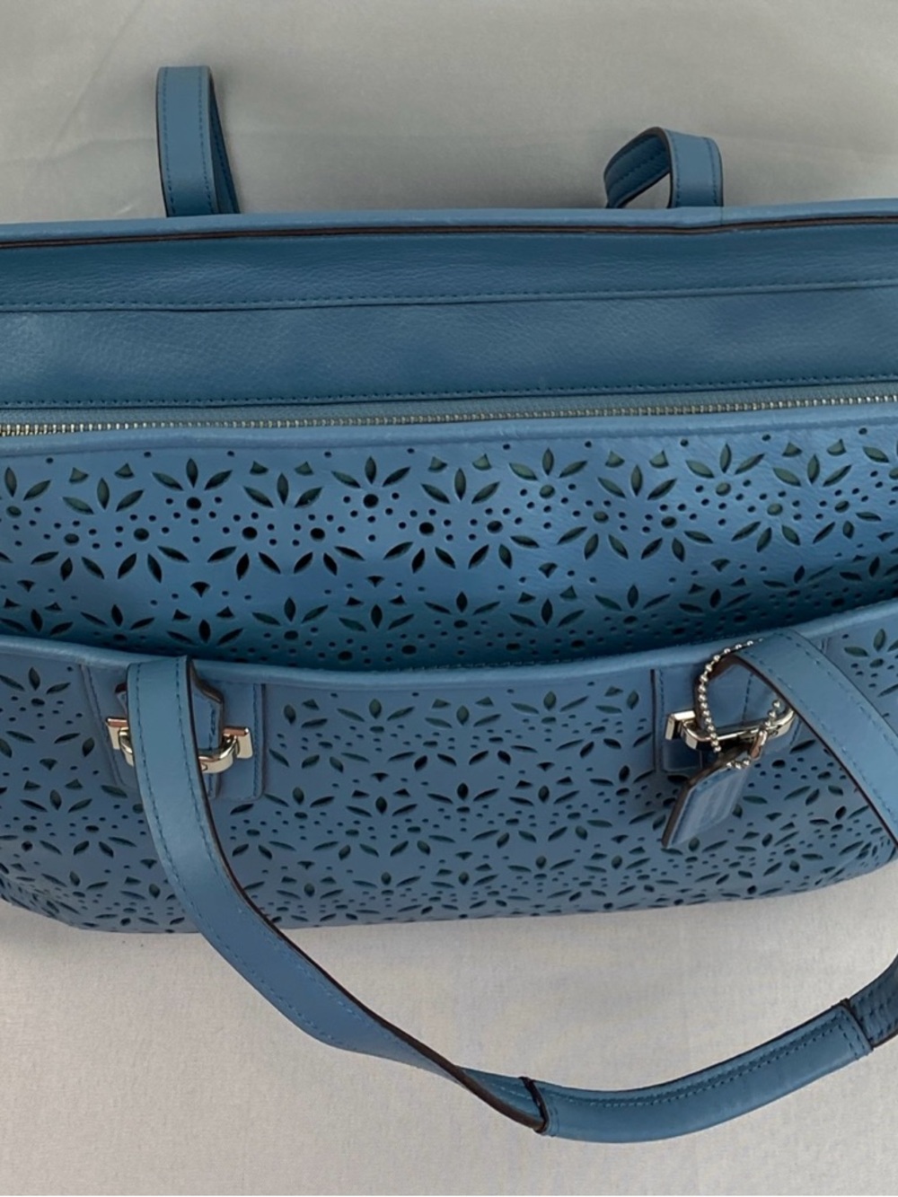 Coach Slate Blue Taylor Eyelet Leather 2 Handle Satchel F27391 Handbag Purse - Picture 5 of 15